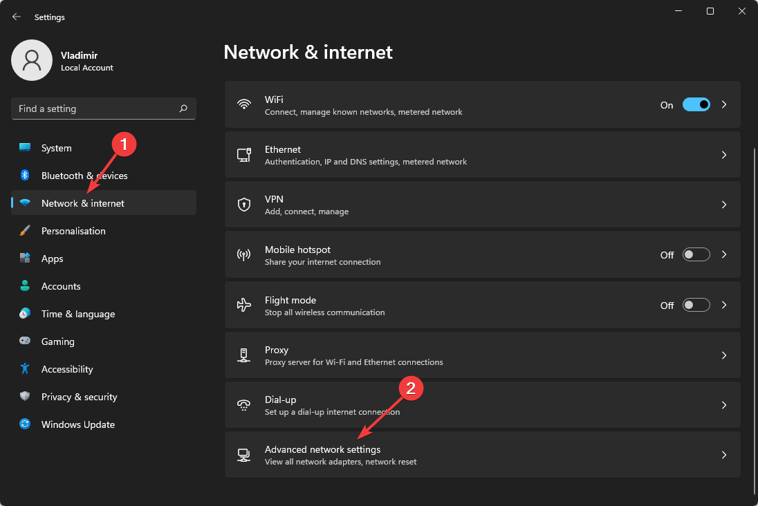 select advanced network settings on your computer