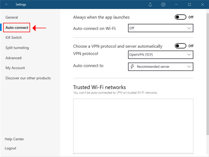NordVPN highlights the auto-connect settings