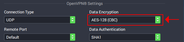 A preview of how Private Internet Access highlights the OpenVPN protocol with AES-128 CBC encryption