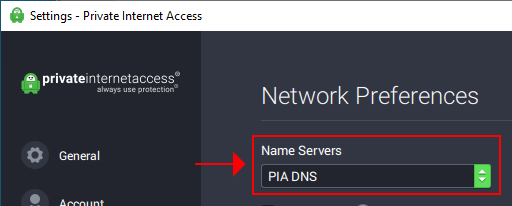 A preview of how Private Internet Access highlights the DNS preferences