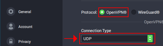 A preview of how Private Internet Access highlights the OpenVPN protocol over UDP