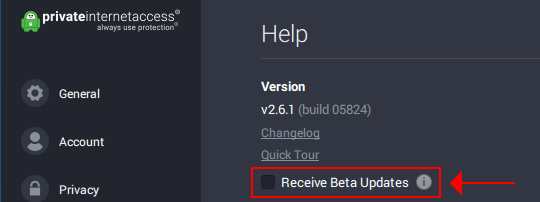 A preview of Private Internet Access showing the Beta Updates option in the Help menu