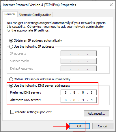 Windows 10 uses the Google Public DNS servers for IPv4 addresses