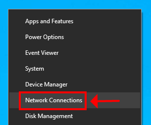 A preview of the Network connections option in the Start right-click menu (Windows 10)
