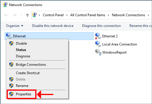 Windows 10 shows how to access network connection properties