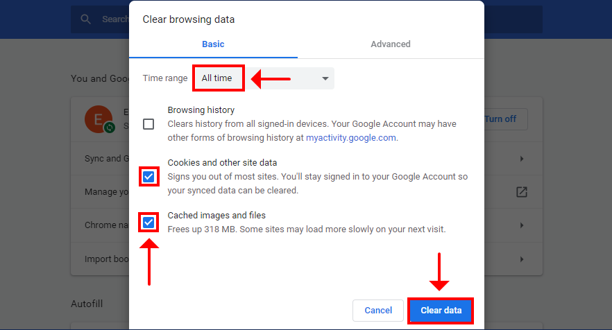 Chrome shows how to clear browsing data