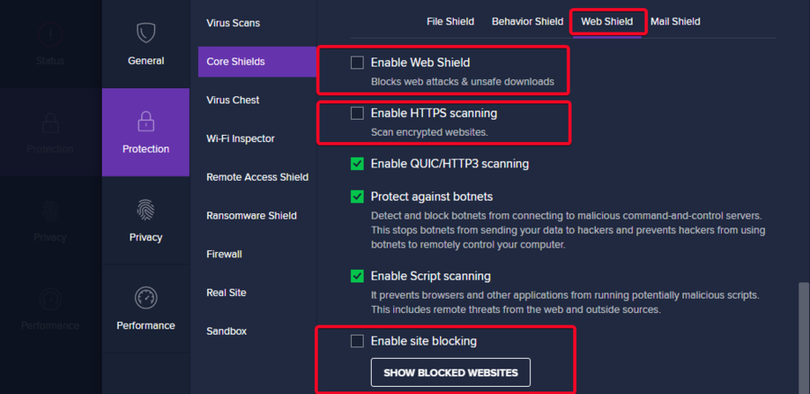 Avast antivirus disable web shield