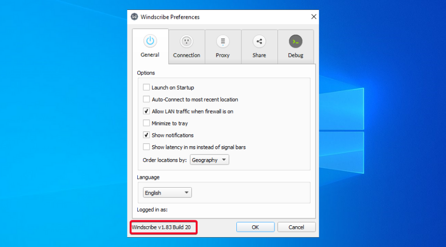 Windscribe shows software version window