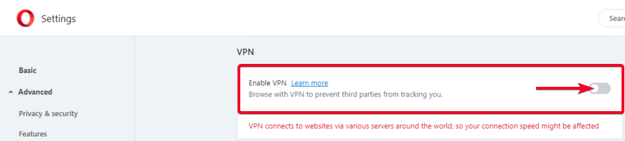 Disable Opera VPN
