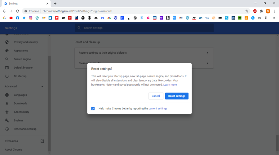 Google Chrome shows the Reset settings window