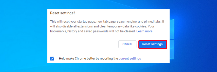 Chrome reset settings