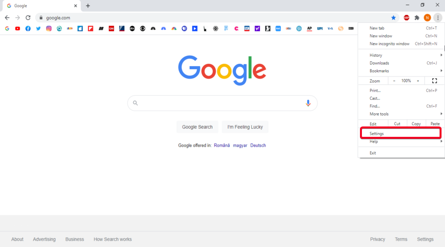 Google Chrome shows the menu Settings button