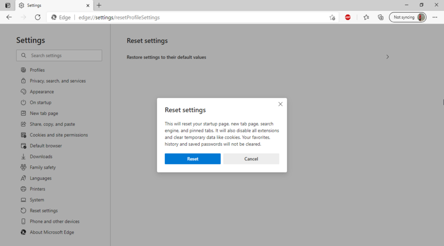Microsoft Edge shows the Reset settings confirmation button