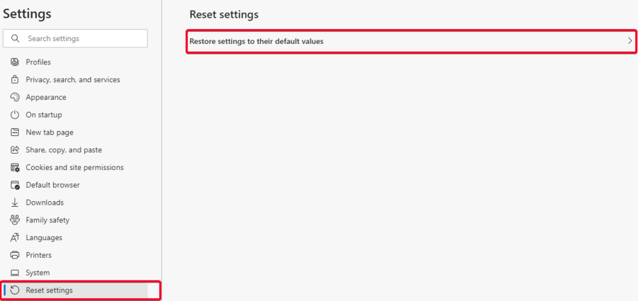Edge restore settings to their default values