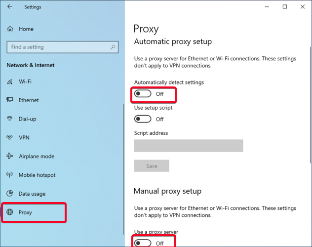 Windows shows the Proxy setup window