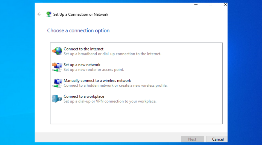 Windows 10 shows setting up a connection or network window