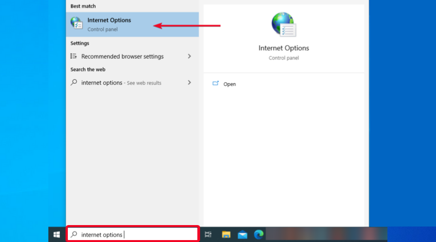 Windows 10 search type internet options