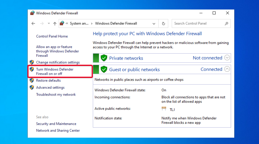 Windows Defender Firewall on or off