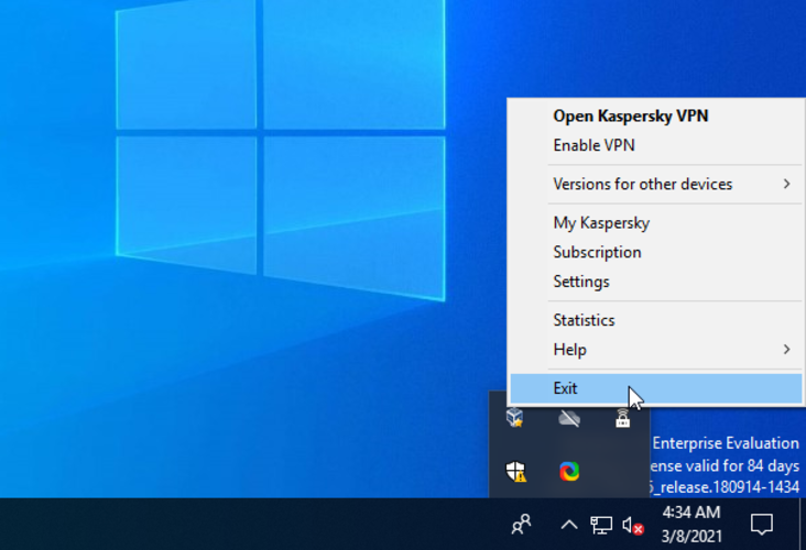 Windows 10 shows how to exit Kaspersky VPN from the systray