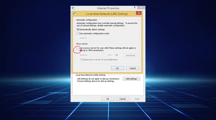Windows displays LAN settings