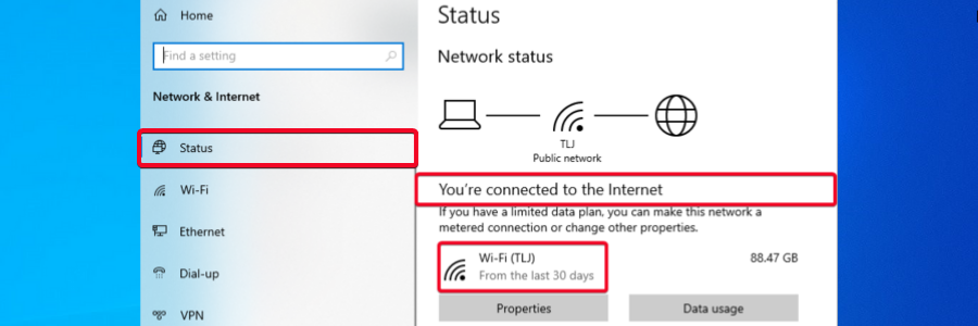 Windows network internet status