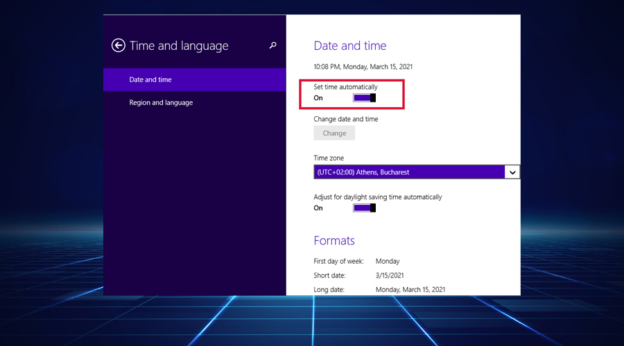 Windows shows set time automatically option