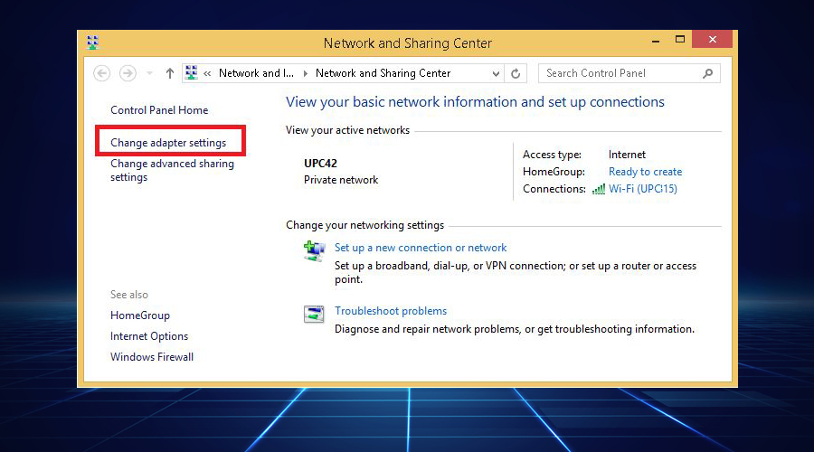 Network and Sharing Center displays Change adapter settings