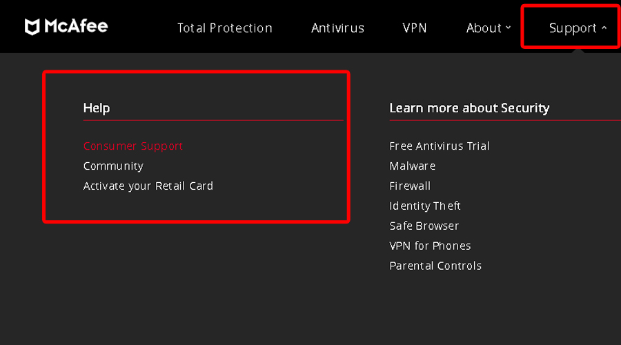 McAfee VPN shows Support and Help section
