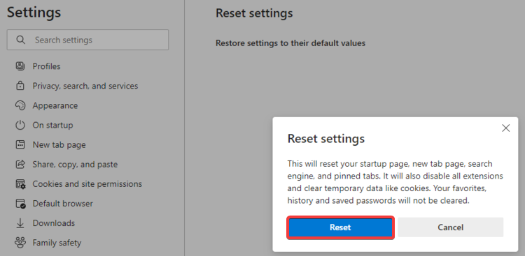 Edge shows Reset settings confirmation