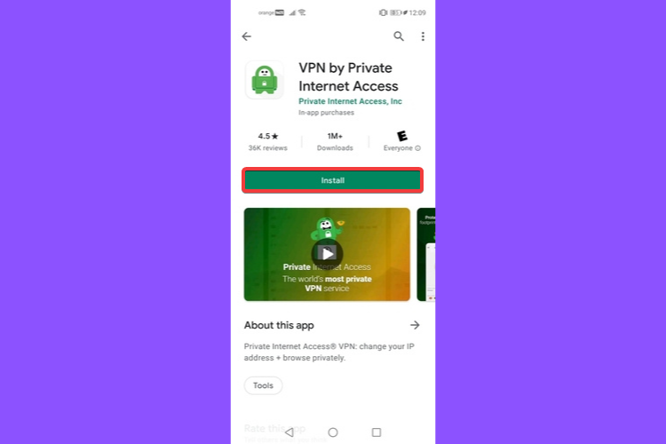 Play Store shows Private Internet Access Install