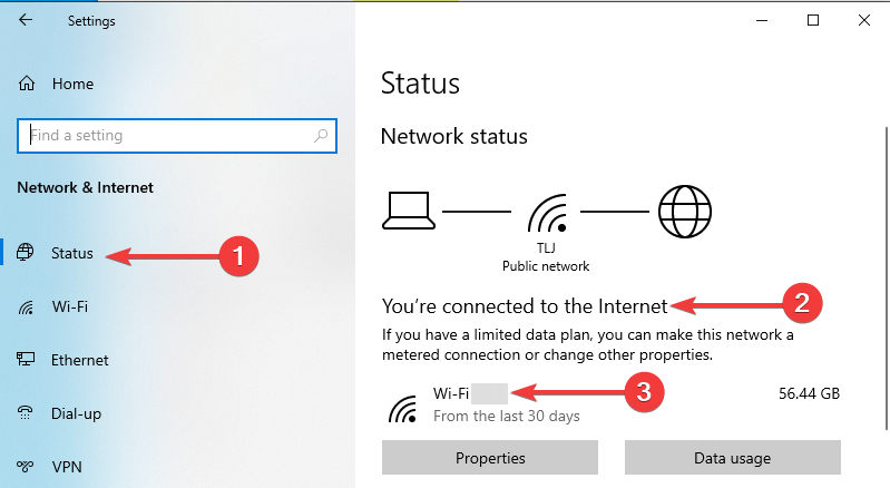 Windows 10 shows Network status