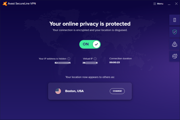 avast secureline vpn dashboard