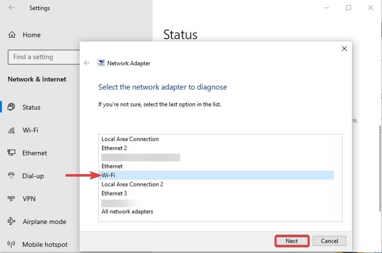 Windows 10 select network adapter to diagnose