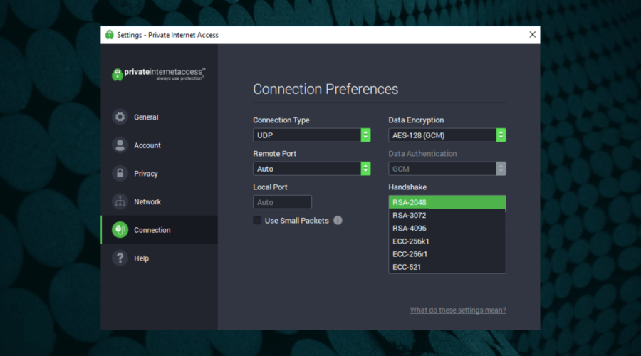 PIA VPN connection preferences