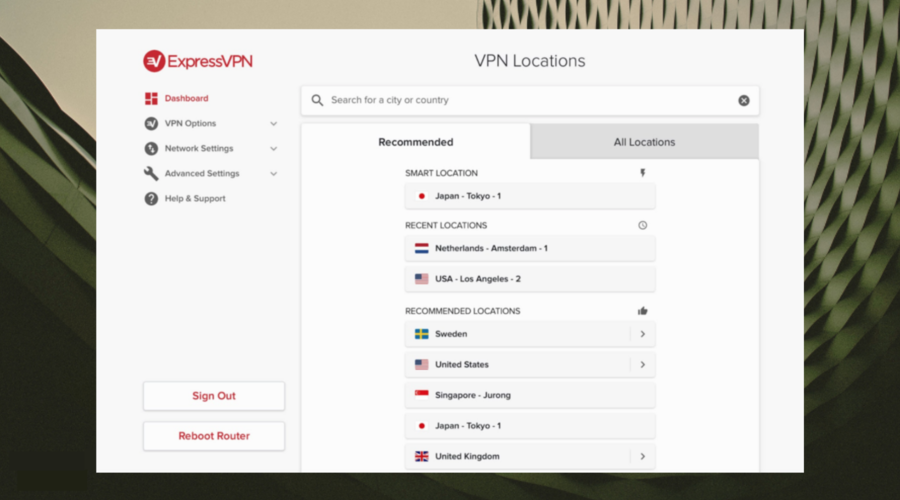 ExpressVPN user interface