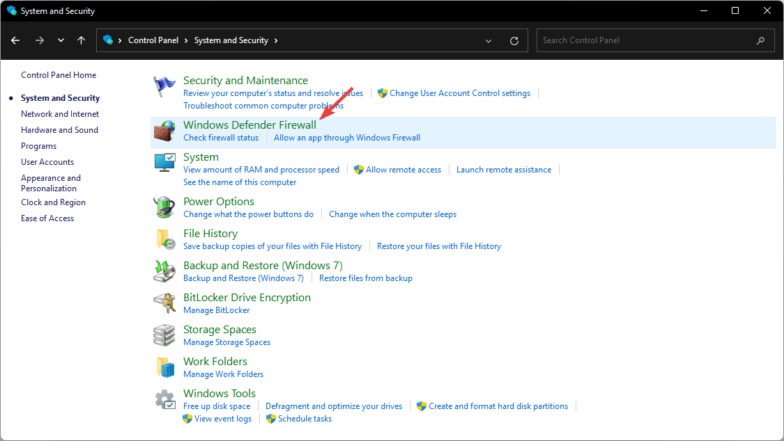 Clicking on Windows Defender
