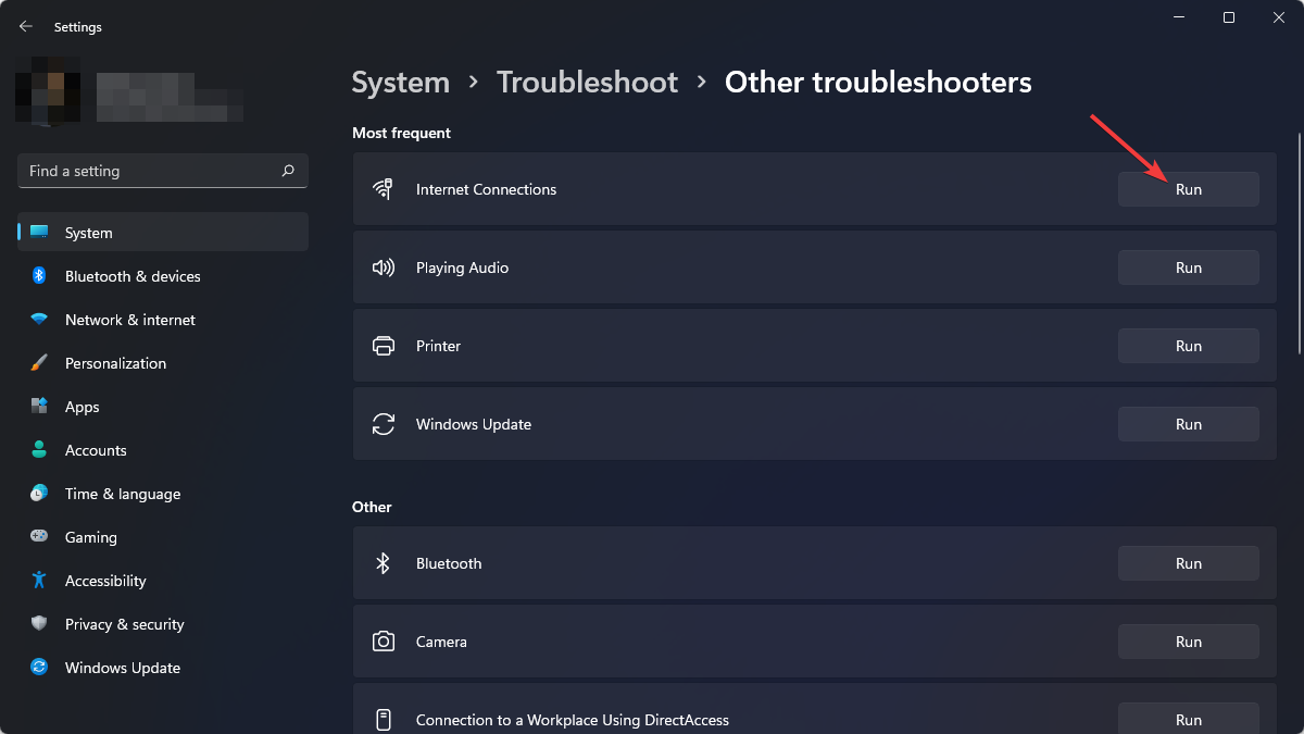 opening internet troubleshooter