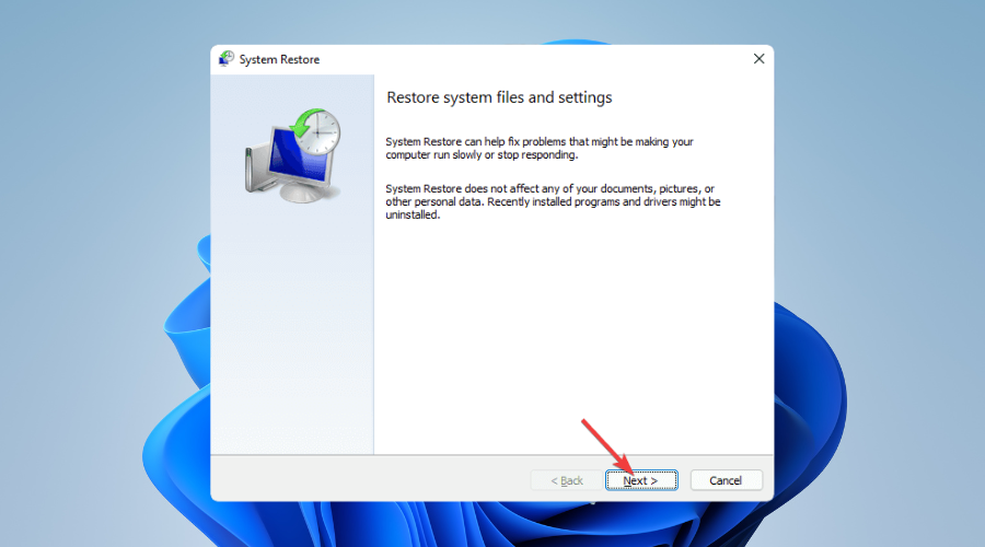 Windows system restore clicking next