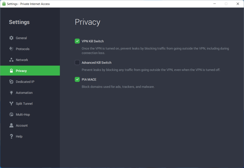 PIA privacy settings