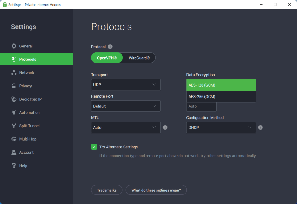 private internet access user interface