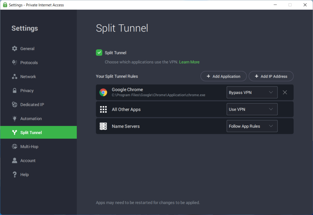 pia split tunneling