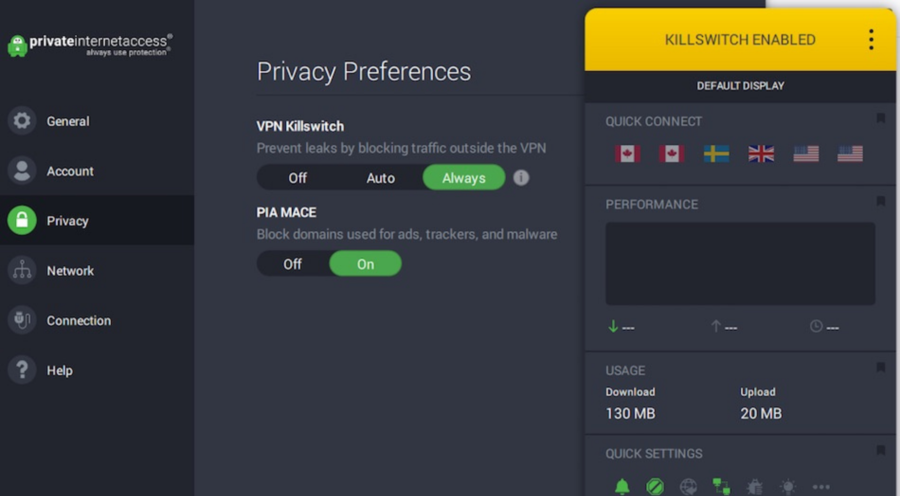 private internet access user interface