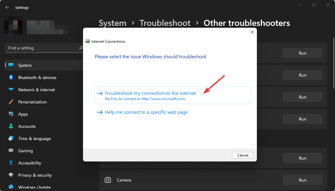 clicking troubleshoot my connection to the internet