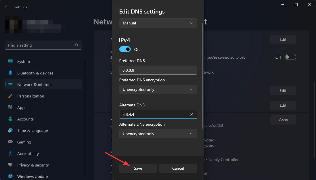 saving DNS settings windows 11