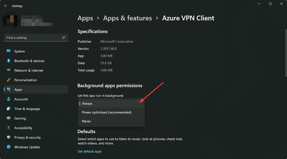 allowing azure vpn app background usage
