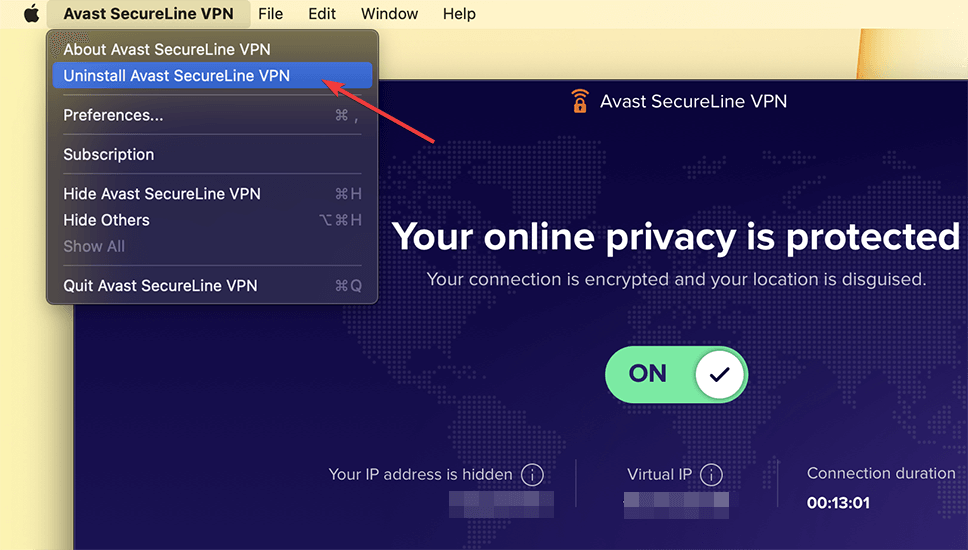 clicking uninstall avast secureline vpn mac menubar