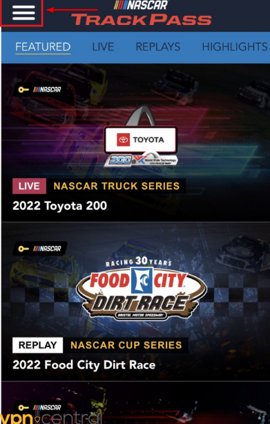 NASCAR Race TrackPass App Interface