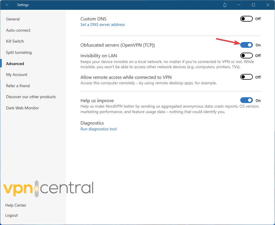 NordVPN enable obfuscated servers