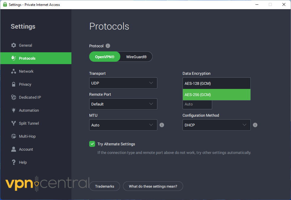 PIA encryption and protocols