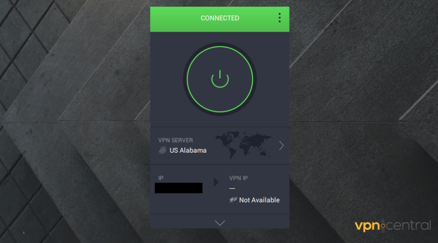 private internet access connected to alabama server